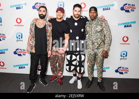 Rudimental auf dem roten Teppich des Medienlaufs beim Capital's Summertime Ball mit Vodafone im Wembley Stadium, London. Die heißesten Künstler des Sommers traten live für 80.000 Capital-Hörer im Wembley Stadium auf der größten Sommerparty Großbritanniens auf. Darsteller waren Camila Cabello, Shawn Mendes, Rita Ora, Charlie Puth, Jess Glyne, Craig David, Anne-Marie, Rudimental, Sean Paul, Clean Bandit, James Arthur, Sigala, Years & Years, Jax Jones, Raye, Jonas Blue, Mabel, Stefflon Don, Yungen und G-Eazy Stockfoto