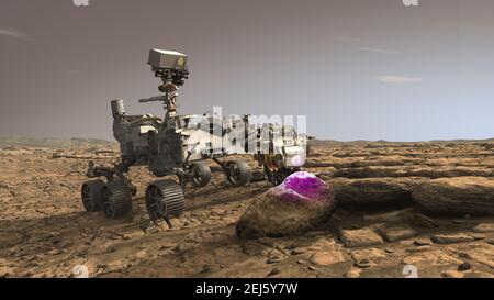 Künstlerische Illustration des NASA Perseverance Mars Rover mit dem Planetarischen Instrument für Röntgenlithochemie auf der Marsoberfläche. Die Beharrlichkeit landete erfolgreich am 18. Februar 2021, um die astrobiologische Mission zu beginnen, einschließlich der Suche nach Zeichen des alten mikrobiellen Lebens. Stockfoto