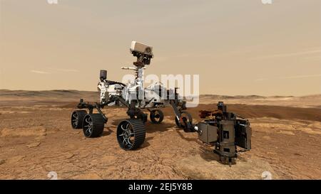 Künstlerische Illustration des NASA Perseverance Mars Rover mit dem Onboard-Bohrer, um eine Gesteinsprobe auf der Marsoberfläche zu entkernen. Die Beharrlichkeit landete erfolgreich am 18. Februar 2021, um die astrobiologische Mission zu beginnen, einschließlich der Suche nach Zeichen des alten mikrobiellen Lebens. Stockfoto