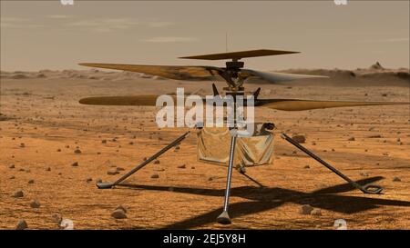 Künstlerillustration des NASA Ingenuity Mars Helicopter in Start-Position auf der Marsoberfläche. Der Perseverance Mars Rover landete erfolgreich am 18. Februar 2021. Einfallsreichtum wird das erste Flugzeug sein, das kontrollierten Flug auf einem anderen Planeten versucht. Stockfoto