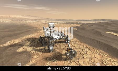 Künstlerische Illustration des NASA Perseverance Mars Rover mit dem Onboard-Bohrer, um eine Gesteinsprobe auf der Marsoberfläche zu entkernen. Die Beharrlichkeit landete erfolgreich am 18. Februar 2021, um die astrobiologische Mission zu beginnen, einschließlich der Suche nach Zeichen des alten mikrobiellen Lebens. Stockfoto