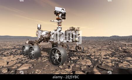 Künstlerische Illustration des NASA Perseverance Mars Rover, der auf der Marsoberfläche operiert. Die Beharrlichkeit landete erfolgreich am 18. Februar 2021, um die astrobiologische Mission zu beginnen, einschließlich der Suche nach Zeichen des alten mikrobiellen Lebens. Stockfoto