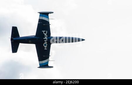 12. September 2020, Kaluga Region, Russland. Das Trainingsflugzeug Aero L-39 Albatros führt einen Trainingsflug auf dem Flugplatz Oreshkovo durch. Stockfoto