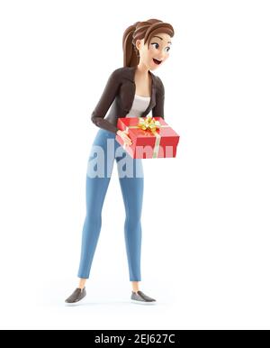 3D Cartoon Frau bietet ein Geschenk, Illustration isoliert auf weißem Hintergrund Stockfoto