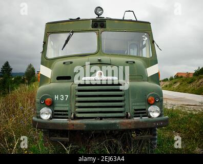 PLJEVLJA, MONTENEGRO - 02. AUGUST 2016: Die GRÜNE GÖTTIN ist der umgangssprachliche Name für die BEDFORD RLHZ SELBSTFAHRENDE PUMPE, eine Feuerwehrmotorenkonstruktion basiert Stockfoto