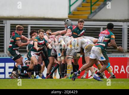 Leicester Tigers Scrum-Half Richard Wigglesworth Pässe den Ball während einer Gallagher Premiership Runde 10 Rugby Union Spiel, Freitag, 20. Februar 2021, in Stockfoto