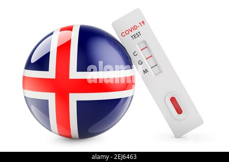 Diagnostischer Test auf Coronavirus in Island. Antikörpertest COVID-19 mit isländischer Flagge, 3D Rendering isoliert auf weißem Hintergrund Stockfoto