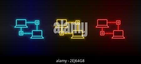 Neon Icon Set Datenbanknetzwerk. Set von roten, blauen, gelben Neon-Vektor-Symbol Stock Vektor