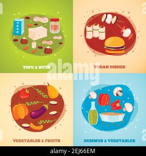 Vegetarisches Food flaches Design-Konzept mit Tofu und Nüssen, vegane Gerichte, Gemüse und Obst isoliert Vektor-Illustration Stock Vektor
