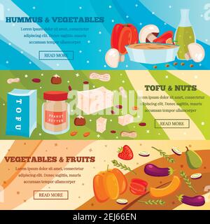 Vegetarisches Essen Set von flachen horizontalen Banner mit Obst und Gemüse, Tofu und Nüsse isoliert Vektor-Illustration Stock Vektor
