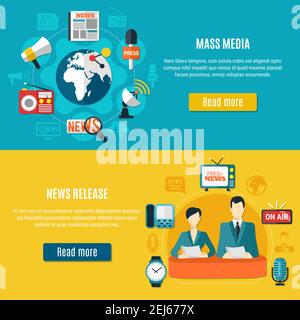 Massenmedien und Nachrichten veröffentlichen horizontale Banner mit TV-Verankerungen Berichterstattung tv-Nachrichten in Studio flache Vektor-Illustration Stock Vektor