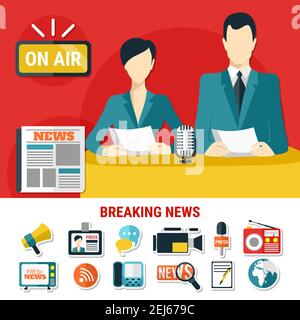 Breaking News Design-Konzept mit Fernsehansagern auf Sendung und Satz flacher isolierter Symbole auf der Vektordarstellung des Druckethemas Stock Vektor