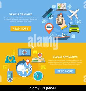 Set aus zwei horizontalen Navigationsbannern mit Taste „Mehr lesen“ Bearbeitbarer Text und isolierte Routing-Symbole Vektordarstellung Stock Vektor