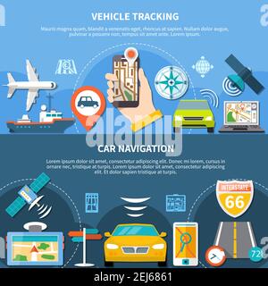 Navigationssatz aus zwei Bannern mit bearbeitbarem Text und flach Symbole für Trägerfahrzeuge und Navigatoren Vektordarstellung Stock Vektor