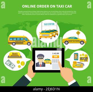 Taxi konzeptionelle Zusammensetzung von Tablet mit Taxi mieten Anwendung gedacht Bubbles Taxicab Symbole Geld und Text Vektor Illustration Stock Vektor