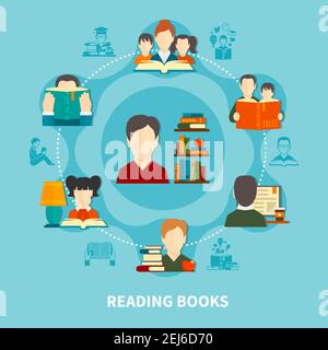 Erwachsene und Kinder beim Lesen gedruckter und elektronischer Bücher, runde Komposition auf blauem Hintergrund Vektor-Illustration Stock Vektor
