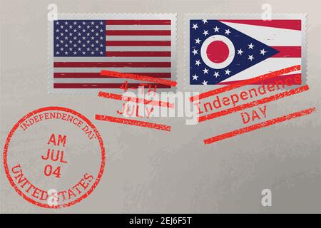 Briefmarkenumschlag mit Ohio und USA Flagge und Briefmarken vom 4. Juli, Vektor Stock Vektor