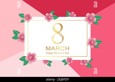 8 März internationale Frauentag Feiertag Grußkarte Vorlage. Goldene Zahl acht verziert mit Blumen im Raum für Text Stock Vektor