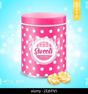 Pink Zinn Metallbox Süßigkeiten Cookies Container realistische Nahaufnahme Bild Mit leuchtenden Blasen Hintergrund Vektor-Illustration Stock Vektor