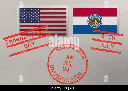 Briefmarkenumschlag mit Missouri- und USA-Flagge und Briefmarken vom 4. Juli, Vektor Stock Vektor