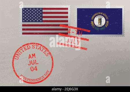 Briefmarkenumschlag mit Kentucky und USA Flagge und Briefmarken vom 4. Juli, Vektor Stock Vektor