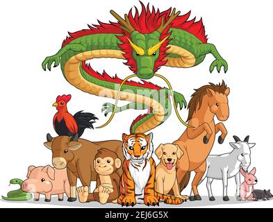 Alle 12 chinesischen Tierkreiszeichen Tiere zusammen Stock Vektor