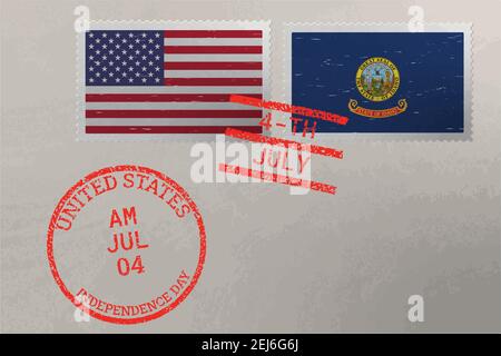 Briefmarkenumschlag mit Idaho- und USA-Flagge und Briefmarken vom 4. Juli, Vektor Stock Vektor