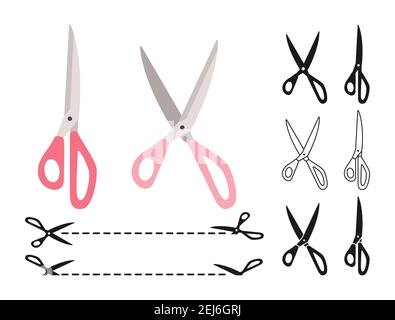 Schneiderschere Cartoon-Set. Gestrichelt schneiden Coupon Rand, Rabatt-Symbol Schneide. Offene, geschlossene Schneid- oder Zangen-Sammlung. Label Rabatt Zeichen. Erstellen Sie flache Scherenarbeiten. Vektorgrafik Stock Vektor