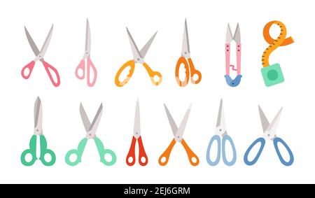 Scherenzeichensatz. Handgezeichnete professionelle Schere zum Schneiden von Haaren oder Nadelarbeit. Handwerk und Schere flach kreative Schere. Offene, geschlossene Schneid- oder Zangen-Sammlung. Vektorgrafik Stock Vektor