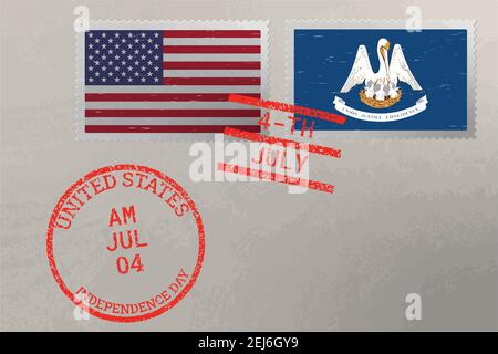 Briefmarkenumschlag mit Louisiana- und USA-Flagge und Briefmarken vom 4. Juli, Vektor Stock Vektor