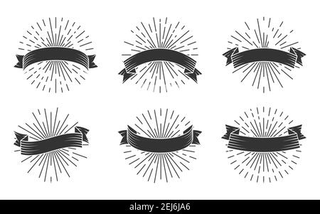 Retro grunge schwarz Silhouette Bänder Set. Glyphe Vintage Emblem mit hellen Strahlen. Doodle von Sunburst mit leeren Bannerbändern mit Platz für Text. Alte Elemente für Banner, Plakate. Vektorgrafik Stock Vektor