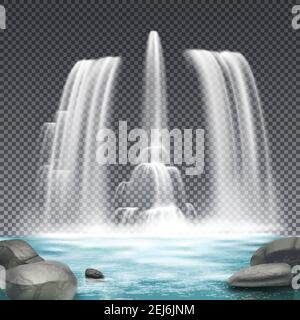 Cascade Brunnen Wasserwerke realistische architektonische Element Design mit Steinen und Wasserfall auf dunklem transparentem Hintergrund Vektordarstellung Stock Vektor