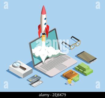 Finanztechnologie Design-Konzept mit Laptop-Smartphone-Stapel von Banknoten Zeichen Betrug Erkennung und Startup-Symbole isometrische Vektor-Illustration Stock Vektor