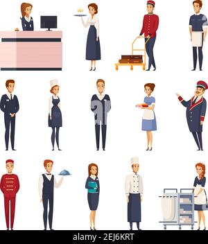 Das Hotelpersonal hat einen Zeichentrickfilm mit isolierten Ikonen gemacht, die das Pagen-Zimmermädchen darstellen Portier Rezeptionist Portier Koch Concierge Kellner Vektor Illustration Stock Vektor