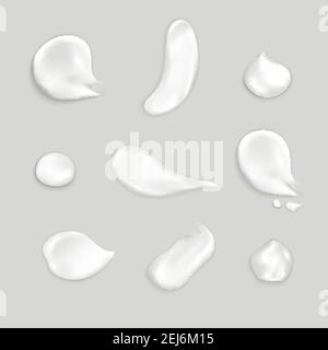 Kosmetische Creme verschmiert realistische Icon Set mehrere Tropfen und Abstriche Von dicken weißen Creme Vektor-Illustration Stock Vektor