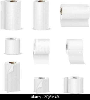 Papierhandtücher und Toilettenpapier Toilettenrollen realistische Bilder Sammlung in Vertikale und horizontale Position isolierte Vektordarstellung Stock Vektor