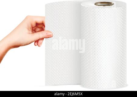 Hand ziehen stehende Papierhandtuchrolle Nahaufnahme Vorderansicht realistisch Vektorgrafik Stock Vektor