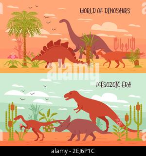 Zwei horizontale Dino Banner Sammlung mit Bildern der prähistorischen Landschaft Mit Pflanzen und Dinosaurier flache Zeichen Vektor-Illustration Stock Vektor