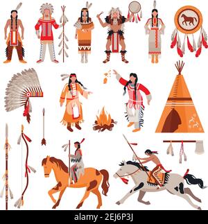 American indians dekorative Ikonen mit nationalen Attributen der Kleidung gesetzt Und Elemente der Stammes-Kultur Cartoon Vektor Illustration Stock Vektor