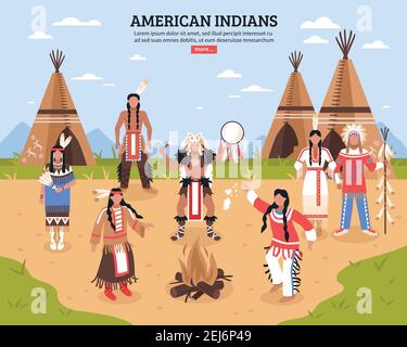 American indians Cartoon Poster mit Tipis in Stammeslage und indianer tanzen um Feuer flache Vektor-Illustration Stock Vektor