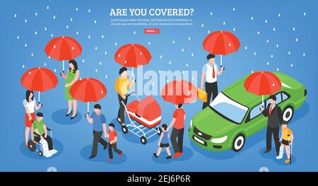 Design-Konzept für Versicherungsdienstleistungen mit Menschen unter dem Dach als Symbol Schutz vor Lebensstörungen isometrische Vektordarstellung Stock Vektor
