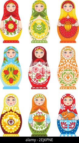 Set von neun bunten Nesting Puppen Malerei in traditionellen handgemachten russische Ornament isoliert Vektor-Illustration Stock Vektor