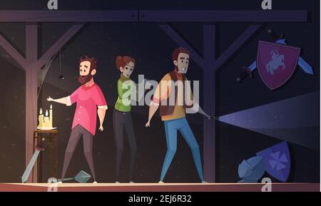 Reality Quest Cartoon Vektor Illustration mit erwachsenen Menschen in gesperrt Dunkles Zimmer und auf der Suche nach einem Zufluchtsort Stock Vektor