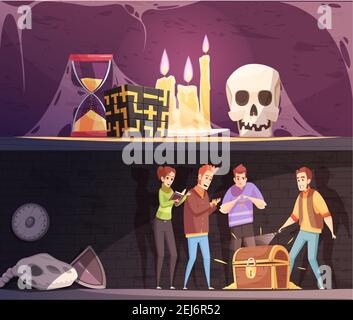 Reality Quest horizontale Banner mit Escape-Zimmer und finden Schatz Spiel Cartoon Kompositionen Vektor Illustration Stock Vektor