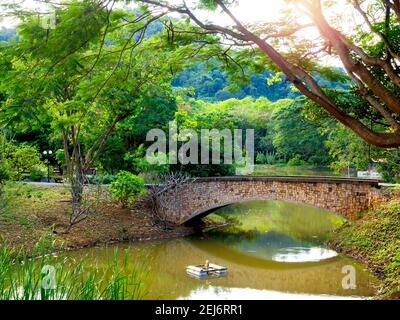 Steinbrücke überquert einen Bach in der Nähe des Berges. Alte alte alte Backsteinbrücke über den Fluss im Park mit schöner grüner Landschaft. Stockfoto