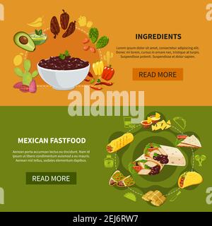 Set von horizontalen Banner mit mexikanischen Fastfood und Zutaten für Traditionelle Gerichte isoliert Vektor-Illustration Stock Vektor