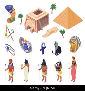 Ägypten kulturelle Symbole Wahrzeichen und Attraktionen isometrische Ikonen Sammlung mit Pyramide ethnische einheimische Kleidung isoliert Vektor-Illustration Stock Vektor