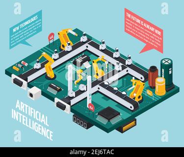 Künstliche Intelligenz Zusammensetzung mit Robotik und Technologie Symbole isometrischen Vektor Abbildung Stock Vektor