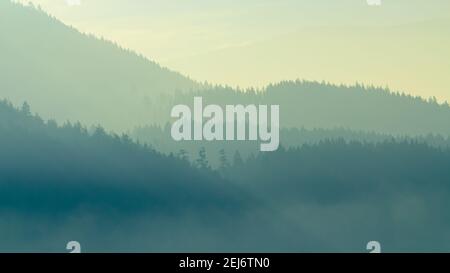 Bergschichten bei Sonnenaufgang in nebligen Morgen. British Columbia, Kanada. Reisefoto, selektiver Fokus. Stockfoto