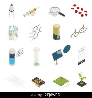 Nanotechnologie Nanowissenschaft Nanomedizin isometrische Symbole mit Nanorobots Injektionscomputer gesetzt Chips und Materialsynthese isoliert Vektor illustraa Stock Vektor
